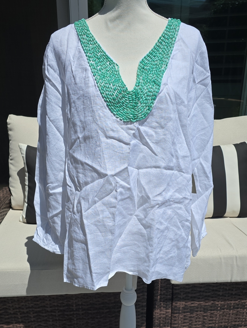 For Cynthia White Linen Tunic with Mint Beaded Neckline